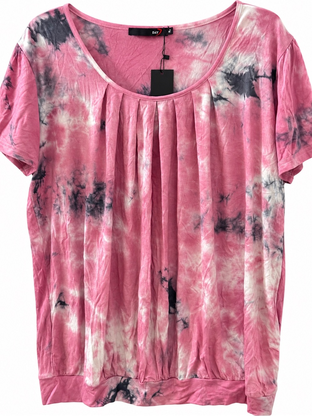 DJT Pink Gray Tie-Dye Pleated Short Sleeve Blouse XL